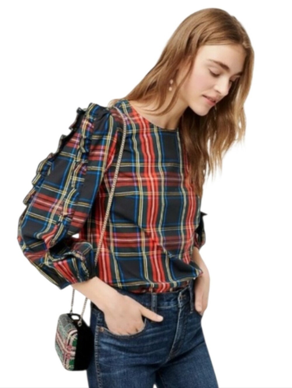 J Crew Stewart Tartan Plaid Red Black Ruffle Sleeve Shirt Top Blouse